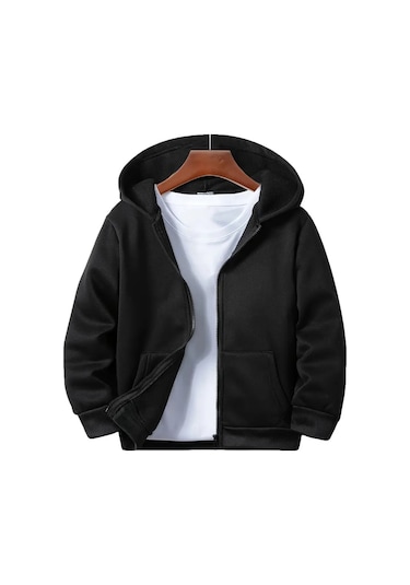 Kız - Erkek Çocuk Basic Fermuarlı Kalın 3 İplik Kışlık Okul Sweat Ak1815 Siyah