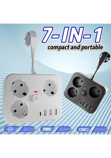 Motion003 7-in-1 Kompakt Güç Şeridi Siyah Açma Kapama Anahtarı Usb Bağlantıları Ac Ve T