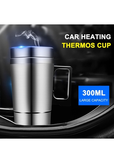 Xiyyadms 12v Araçlı Isıtıcı Termos Bardak, 300ml Paslanmaz Çelik, 15 Dakikada 75 C'ye Isıtma, Sıcaklık Koruma, Sızıntısız, Araç Sigorta Çıkışına Takılabilir Gümüş