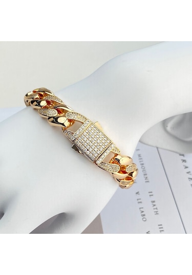 Gurmet Bileklik Tam Tur Zirkon Taşlı Kalın Zincir Çelik Kararmaz Xuping Rose 1,4cm Gold