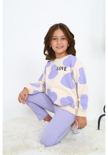 Kalp Baskılı Kız Çocuk Alt Üst Takım Gri - Pudra