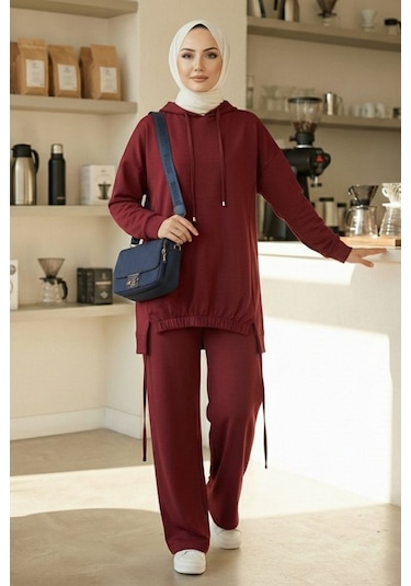 Bestenur Kapüşonlu Tunik Pantolon Takım 1682 - Bordo Bordo