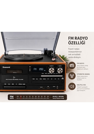 Dosound Tr-17s Ahşap Çok Fonksiyonlu Pikap Kaset Cd Usb Bluetooth Müzik Sistemi 1 Adet