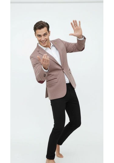 Plus Scorpion Açık Pembe Erkek İtalyan Kesim Blazer Ceket Kol Yamali, Slim Fit, Şık Ve Modern Tasarım Pembe