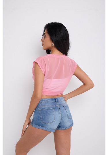 Önü Bağlamalı Tül Bluz Toz Pembe