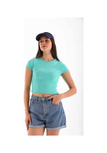 Kadın Likralı Kısa Kol Crop Bluz Mint