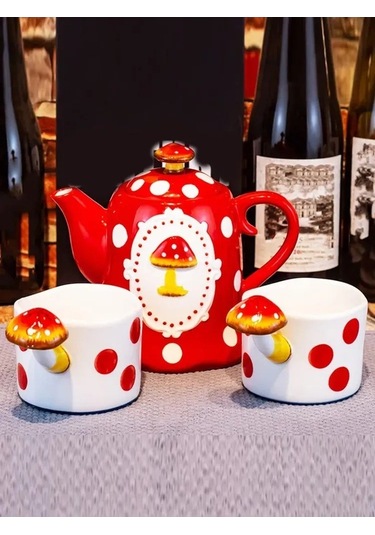 Fortunelane Fırınlanmış Seramik Mantar Desenli Çaydanlık, 0.91l Kapasite, Kapağı İle Ev Ve Misafir İçin Kırmızı Kırmızı