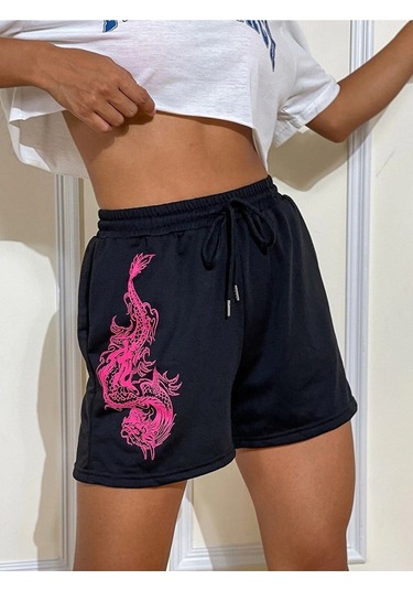 Ejder Kısa Şort Siyah Penye Baskılı Kordonlu Siyah