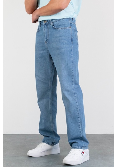 Erkek Açık Mavi Baggy Fit Bol Kesim Denim Loose Jeans Kot Pantolon Chris 001