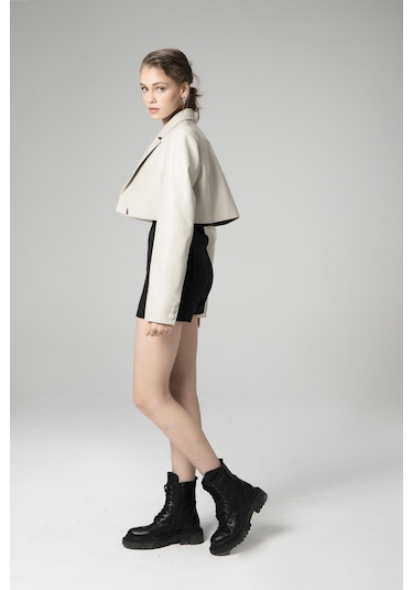 Dericlub Jasmine Kadın Crop Blazer Hakiki Deri Ceket Bej Null Bej