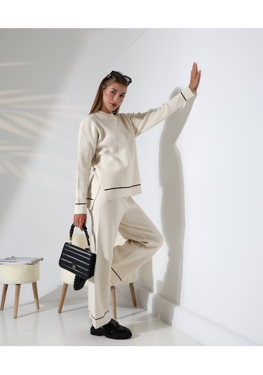Kontrast Dikişli Kadın Triko Takım Taş