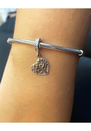 Kadın Kırmızı Kalp Detay Hayat Ağacı Model Gümüş Charm