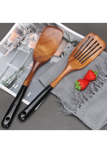 Kangvka 2 Parça Sağlıklı Ahşap Mutfak Spatula Seti - Yuvarlanabilir Ve Delikli, Teflon Tencere Uyumlu, Dayanıklı Ahşap Kürdan Siyah