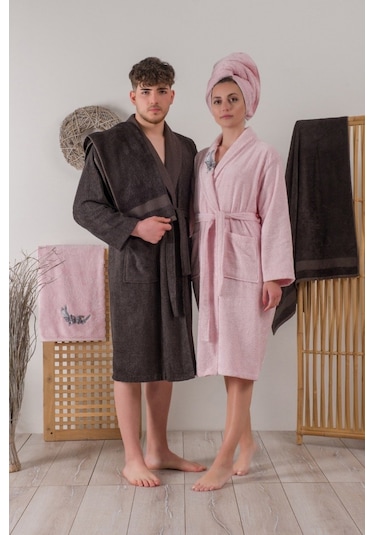 BAMBU 6 PARÇA AİLE BORNOZ SETİ NAKIŞLI PERLA PEMBE ANTRASİT Pembe