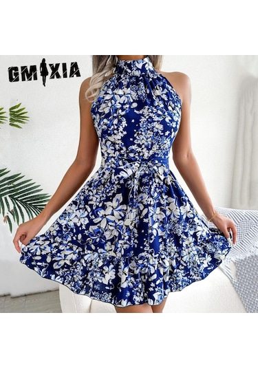 Gmxıa Kadın Modası Yaz İlkbahar Yarım Balıkçı Yaka Çiçek Desenli Kolsuz Kokteyl Ve Abiye Elbiseler Mavi