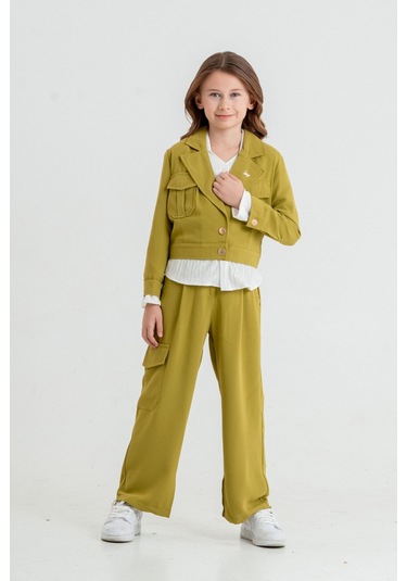 Kız Çocuk Crop Ceketli Üçlü Takım 4407 Yeşil