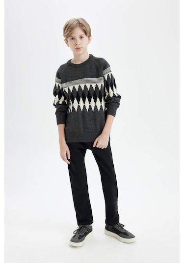 DeFacto Erkek Çocuk Bisiklet Yaka Baklava Desenli Triko Kazak C3138A824CWGR228