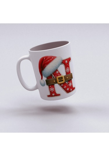 N Harfi Yılbaşı Temalı Bardak 330 Ml Harfli Kişiye Özel Hediye - Yeniyıl / Noel Şapka Tasarım Beyaz