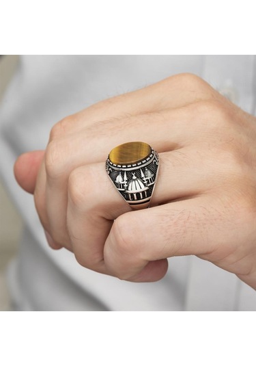 Cami Motifli Kaplan Gözü Taşlı 925 Gümüş Erkek Yüzük