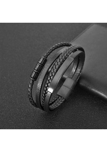 Erkek Hakiki Deri Bileklik Siyah Renk Manyetik Toka Db5097 Siyah