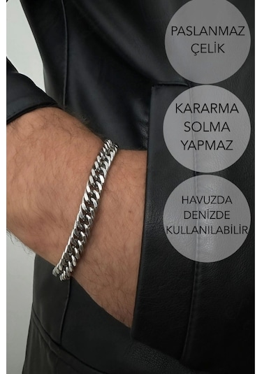 Küba Zincir Kalın Model Çelik Zincir Bileklik Karma Serisi Silver