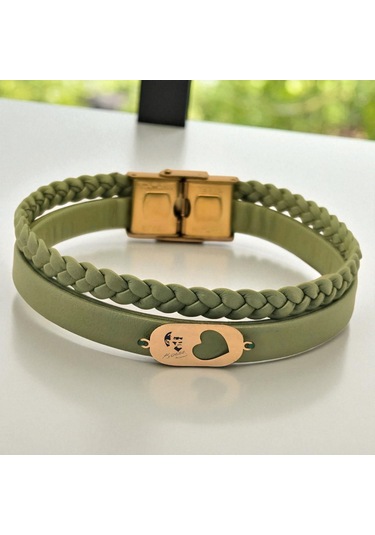 Archin Atatürk Temalı Zeytin Yeşili Derili Kalp Motifli 14 Ayar Altın Plakalı Hediye Bileklik-556sembol Atatürk