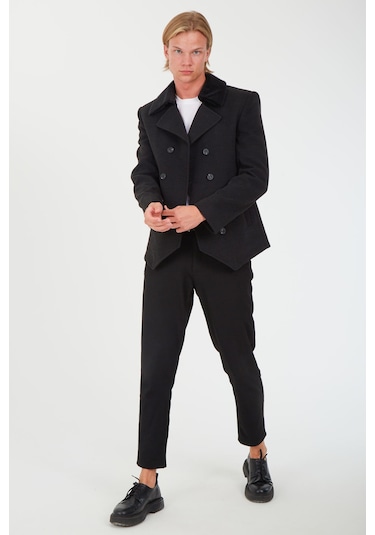 Sposo 1702 Yaka Çıkmalı Kruvaze Yünlü Kaşe Füme Erkek Kısa Kaban Füme