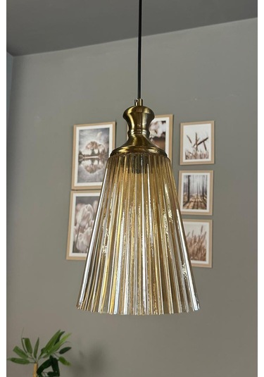 Zefira Cam Bal Rengi Tekli Avize Eskitme Tokmak Başlık Retro Sarkıt Lamba Salon Aydınlatma Bal