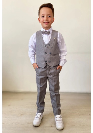 Erkek Çocuk Takım Elbise Papyonlu Yelekli Takım Elbise Gri