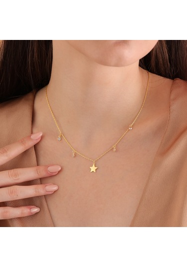 Queen Silver Jewelry 925 Ayar Gümüş Yıldız Objeli Sirkon Taş Sallantılı Kolye Altın
