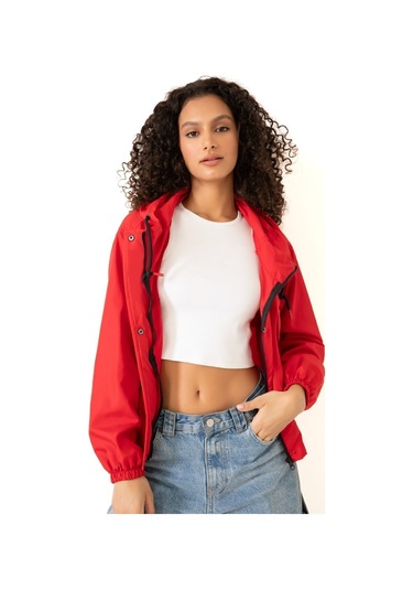 Riverstorm Kadın Kırmızı Su Geçirmez Ve Rüzgara Dayanıklı Kapüşonlu Cepli Çıt Çıtlı Mevsimlik Yağmurluk Kırmızı