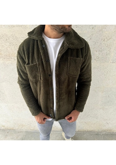 Erkek Pelüş Polar Hırka Gömlek Yakalı, İlik Düğmeli, Göğüs Cepli, Yumuşak Dokulu Kışlık Regular Fi Haki