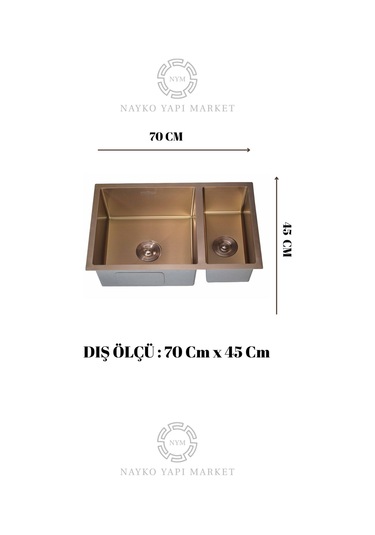 Uka Serisi %100 Krom 70x45 Paslanmaz Mutfak Eviyesi, Mutfak Lavabosu Sifon Dahil Bronz