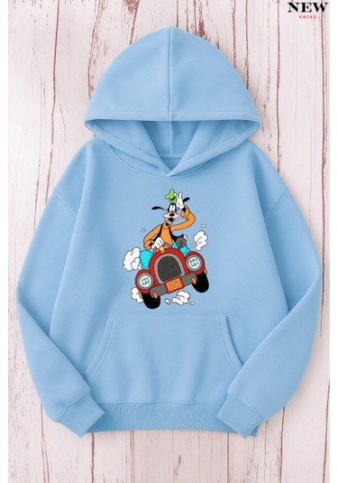 Arabalı Goffy Baskılı Sweatshirt Bebe Mavisi