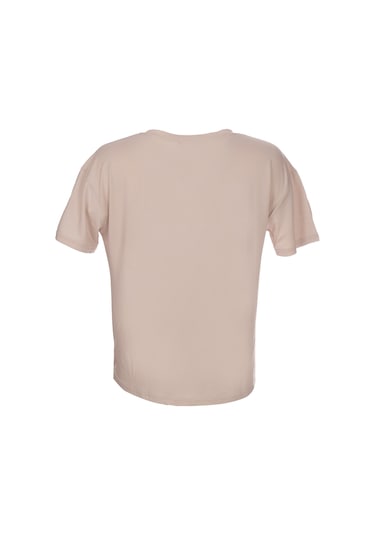 Ysatis V Yaka Oversize Minimalist Kadın Bluz - Kısa Kol - Günlük Bej