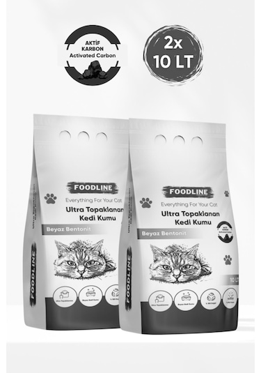 Foodline Aktif Karbonlu İnce Taneli Bentonit Topaklaşan Kedi Kumu 2 x 10 L
