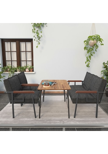 Mygusi Modern Balkon, Bahçe, Cafe - Metal Kanepe Koltuk Takımı - 2+1+1 Masa Antrasit