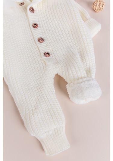 Triko Örgü Kışlık İçi Welsoft Astarlı Kapüşonlu Kız/erkek Bebek Tulum Krem