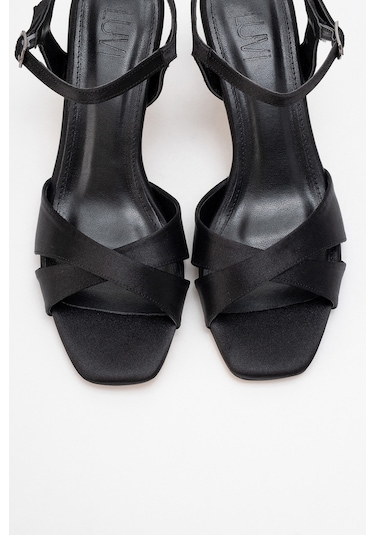 Melin Siyah Saten Çapraz Bantlı Kadın Topuklu Ayakkabı Saten Siyah