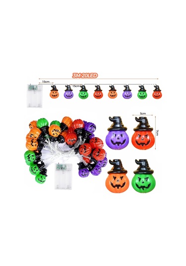 Alegre Cadılar Bayramı Işık Zinciri, Balkabağı, 4 Renkli Dekorasyon, 3 M, 20 Led, Cadılar Bayramı, Dekorasyon, Balkabağı, Işık Zinciri, Pil, Merhaba Çok Renkli