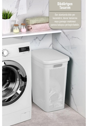 İronika Slim Kapaklı Dekoratif Kirli Çamaşır Sepeti 45 Litre - Beyaz Beyaz