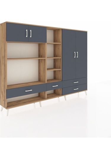 Arges Dolap 12 Raflı 4 Çekmeceli 4 Kapaklı 220x30x163 Çam-antrasi Çam-antrasit