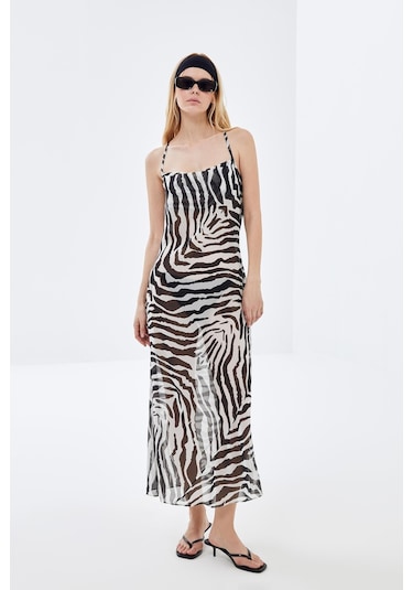 Zebra Desenli Sırt Dekolteli Şifon Elbise-zebra