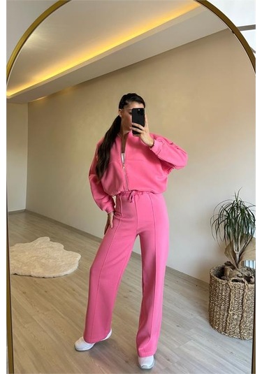 Neşeli Butik Kadın Fermuarlı Oversize Sweat Ve Yüksek Bel Eşofman Takımı Nm018 Pembe