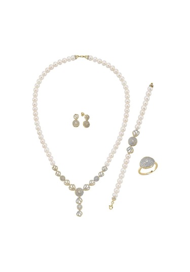 7,5 Mm Zirkon Taşlı İnci Kolye Bilelik Küpe Yüzük Dörtlü Set 9 / Rose Gümüş