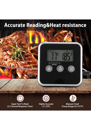 Hfambition Siyah Isı Sensörlü Dijital Bbq Termometresi - Isı Ve Zamanlayıcı Fonksiyonlu, Su Geçirmez, 0-300 C Aralığında, 3 Kurulum Seçeneği Çok Renkli
