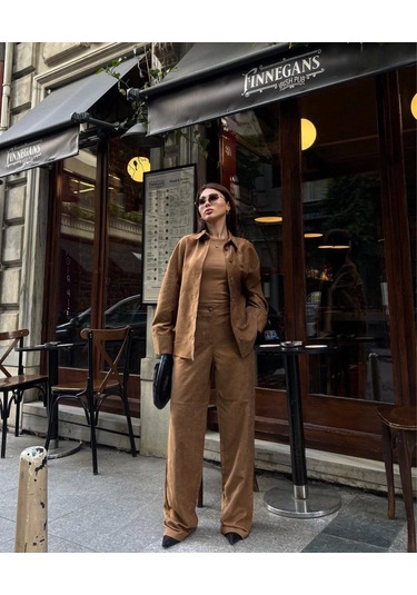 Süet Gömlek Palazzo Pantolon İkili Takım - Kahve Kahve