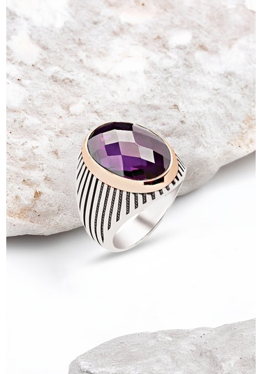 Gümüş Ametist Taşlı Erkek Yüzük -5343