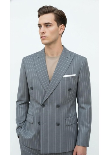 Plus Scorpion Gri Çizgili Erkek Kruvaze Blazer Ceket İtalyan Kesim, Şık Ve Modern Tarz Antrasit