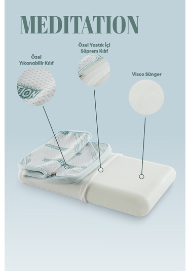 Dinlendirici Visko Yastık - Meditation Ortopedik Visco Yastık - İyon Dengeli Anti-statik Kumaş Beyaz Mavi